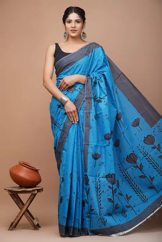 Soft mulmul cotton sarees for women with atttached blouse piece